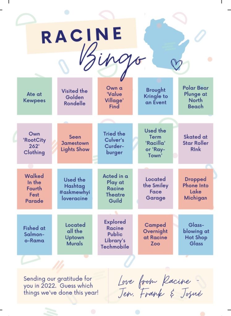 Racine Bingo Card with rows of local activities 